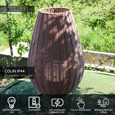 Lucide COLIN IP44 - Oplaadbare Tafellamp Binnen/Buiten - Accu/Batterij - LED 3 StepDim - 1x3W 3000K - IP44 - Naturel